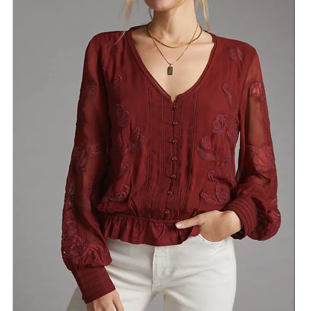 Anthropologie Embroidered Floral Buttondown Wine Red - Medium